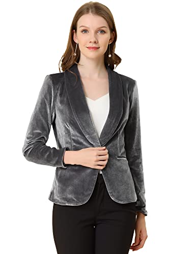 Allegra K Damen Büromantel Solid Schalkragen 1 Knopf Samt Blazer, Grau, L von Allegra K