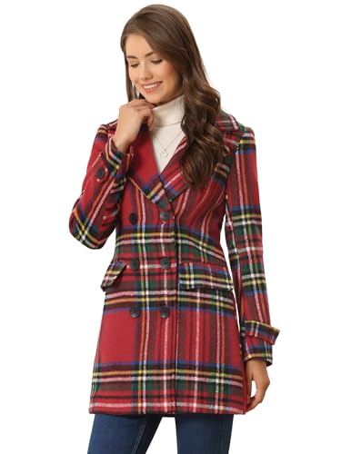 Allegra K Damen Buffalo Checks Zweireihig gekerbtes Revers Winter Lang Plaid Trenchcoat, rot, grün, XS von Allegra K