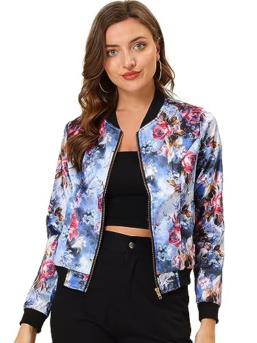 Allegra K Damen Bunt Blouson Frühling Sommer Bomberjacke Blumenmuster Reißverschluss Jacket Blau L von Allegra K