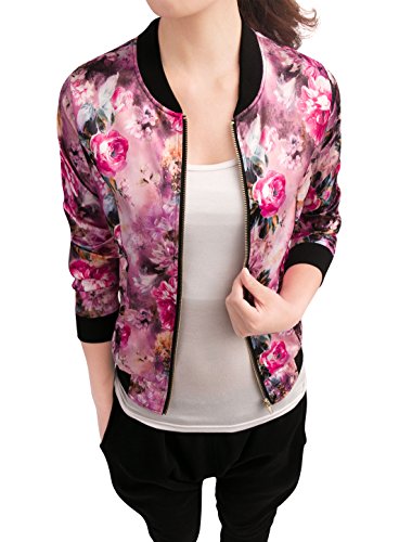 Allegra K Damen Bunt Blouson Frühling Sommer Bomberjacke Blumenmuster Reißverschluss Jacket Fuchsie XL von Allegra K