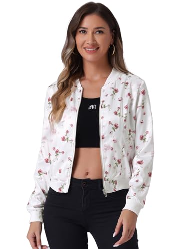 Allegra K Damen Bunt Blouson Frühling Sommer Bomberjacke Blumenmuster Reißverschluss Jacket Weiße Rosa L von Allegra K