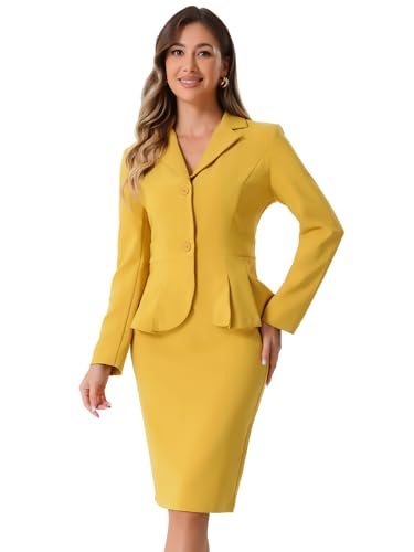 Allegra K Damen Business 2 Teiliges Anzug Set Langarm Revers Schößchen Blazer mit Bleistiftrock Gelb M von Allegra K