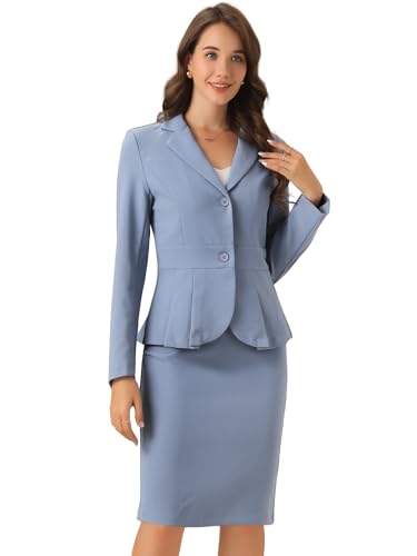 Allegra K Damen Business 2 Teiliges Anzug Set Langarm Revers Schößchen Blazer mit Bleistiftrock Grau Blau L von Allegra K