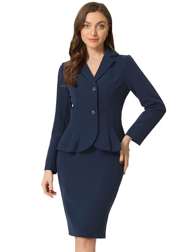 Allegra K Damen Business 2 Teiliges Anzug Set Langarm Revers Schößchen Blazer mit Bleistiftrock Marine M von Allegra K