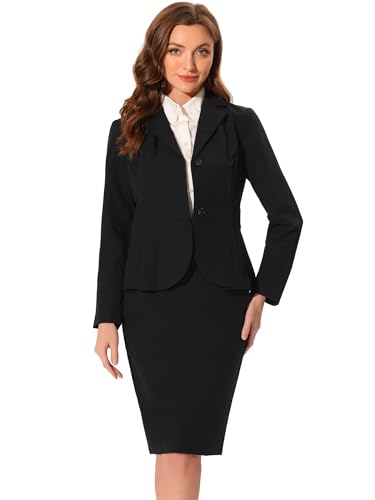 Allegra K Damen Business 2 Teiliges Anzug Set Langarm Revers Schößchen Blazer mit Bleistiftrock Schwarz XL von Allegra K