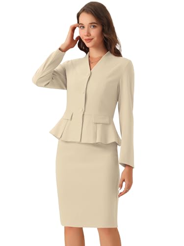 Allegra K Damen Business 2-teiliges Anzug Set V-Ausschnitt Schößchen Blazer mit Bleistiftrock Aprikose M von Allegra K