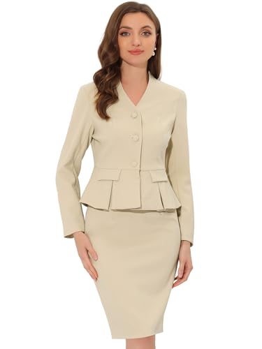 Allegra K Damen Business 2-teiliges Anzug Set V-Ausschnitt Schößchen Blazer mit Bleistiftrock Aprikose XS von Allegra K