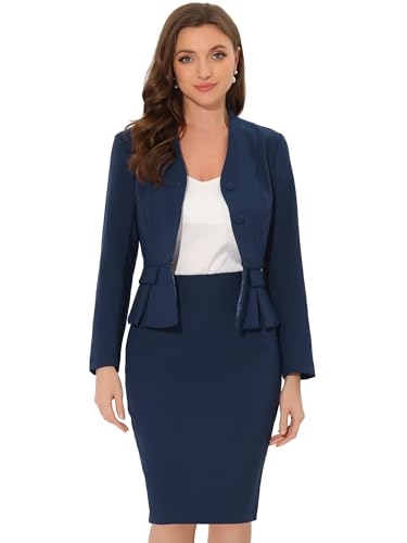 Allegra K Damen Business 2-teiliges Anzug Set V-Ausschnitt Schößchen Blazer mit Bleistiftrock Dunkelblau L von Allegra K