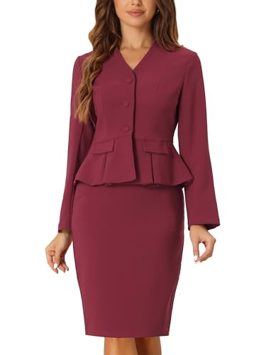 Allegra K Damen Business 2-teiliges Anzug Set V-Ausschnitt Schößchen Blazer mit Bleistiftrock Pfauenblau L von Allegra K