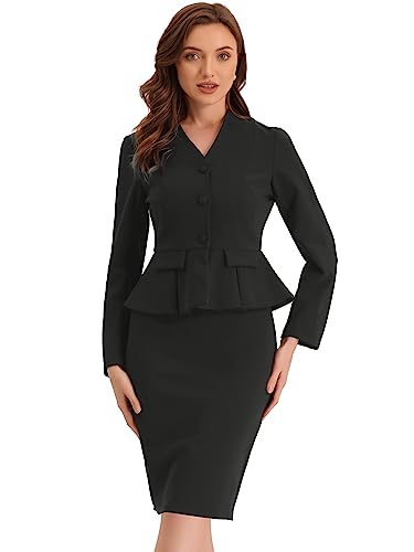 Allegra K Damen Business 2-teiliges Anzug Set V-Ausschnitt Schößchen Blazer mit Bleistiftrock Schwarz S von Allegra K