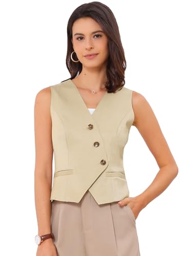Allegra K Damen Business Anzugweste Elegant V-Ausschnitt Button-Down Ärmellos Arbeit Weste Oberteil Khaki XS von Allegra K