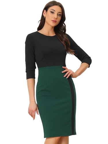 Allegra K Damen Business Kleid 3/4-Ärmel Rundhals Büro Etuikleid Elegant Bleistiftkleid Dunkel Grün L von Allegra K