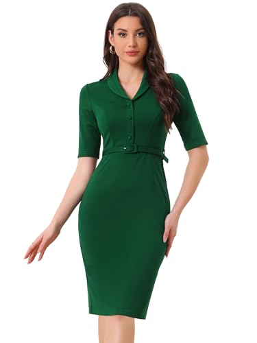 Allegra K Damen Business Knopfleiste Etuikleid mit Revers V-Ausschnitt Halber Ärmel Grün S von Allegra K