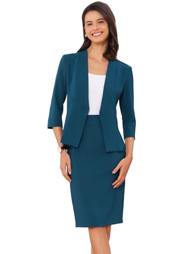 Allegra K Damen Business Rock Anzug Set 2-Teiliges Büro Arbeits Outfit Kragenloser Blazer Bleistiftrock Blau See XL von Allegra K