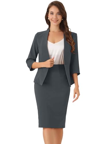Allegra K Damen Business Rock Anzug Set 2-Teiliges Büro Arbeits Outfit Kragenloser Blazer Bleistiftrock Dunkelgrau M von Allegra K