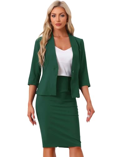 Allegra K Damen Business Rock Anzug Set 2-Teiliges Büro Arbeits Outfit Kragenloser Blazer Bleistiftrock Dunkelgrün S von Allegra K