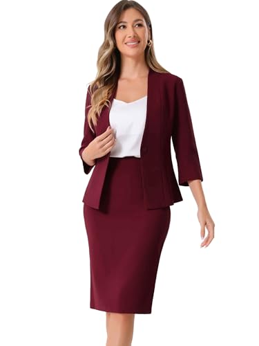 Allegra K Damen Business Rock Anzug Set 2-Teiliges Büro Arbeits Outfit Kragenloser Blazer Bleistiftrock Dunkelrot L von Allegra K