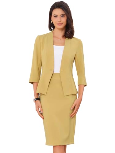 Allegra K Damen Business Rock Anzug Set 2-Teiliges Büro Arbeits Outfit Kragenloser Blazer Bleistiftrock Gelb M von Allegra K