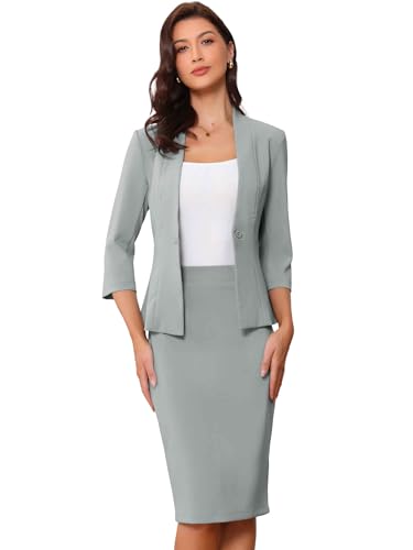 Allegra K Damen Business Rock Anzug Set 2-Teiliges Büro Arbeits Outfit Kragenloser Blazer Bleistiftrock Grau XS von Allegra K