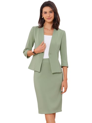Allegra K Damen Business Rock Anzug Set 2-Teiliges Büro Arbeits Outfit Kragenloser Blazer Bleistiftrock Grün S von Allegra K