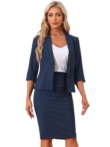 Allegra K Damen Business Rock Anzug Set 2-Teiliges Büro Arbeits Outfit Kragenloser Blazer Bleistiftrock Navy blau XL von Allegra K