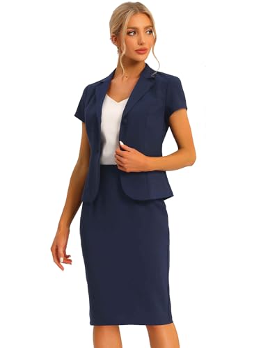 Allegra K Damen Business Rock Anzug Set Arbeit Büro Kurzarm Blazer Jacke Bleistiftrock, Dunkelblau, 3X-Groß von Allegra K