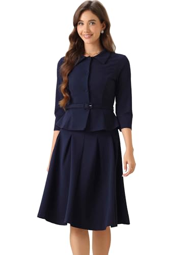 Allegra K Damen Business Rock Anzug Sets 2-Teilige Outfits Büro Langarm Blazer Jacke Faltenröcke Dunkelblau L von Allegra K