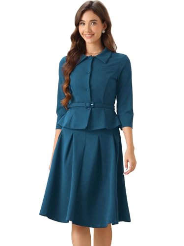 Allegra K Damen Business Rock Anzug Sets 2-Teilige Outfits Büro Langarm Blazer Jacke Faltenröcke Blau See XS von Allegra K