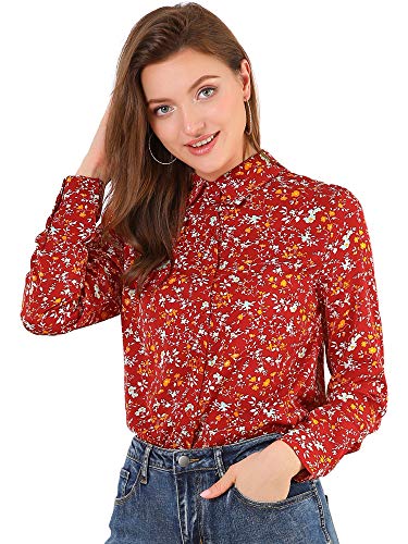Allegra K Damen Button-Down-Shirt, Arbeit und Büro, Tops, langärmelig, spitzer Kragen, Blumenbluse, Rot/Ausflug, einfarbig (Getaway Solids), Groß von Allegra K