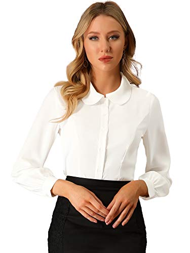 Allegra K Damen Arbeit Elegant Bluse Langarm Bubikragen Casual Knopfleiste Business Oberteil Shirt Cremeweiß XL von Allegra K