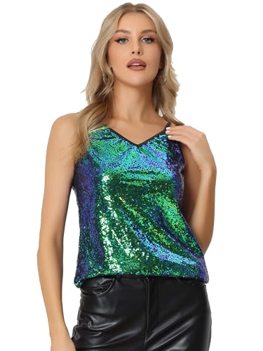 Allegra K Damen-Camisole mit Pailletten und Glitzer, glänzendes Club-Party-Disco-Glitzer-Cami-Top Grün XL von Allegra K