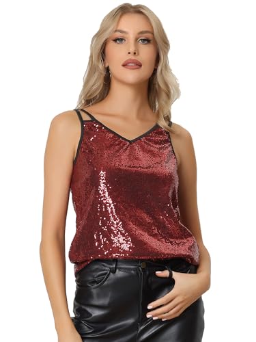 Allegra K Damen-Camisole mit Pailletten und Glitzer, glänzendes Club-Party-Disco-Glitzer-Cami-Top Rot L von Allegra K