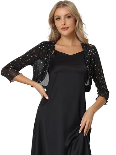 Allegra K Damen Cardigan Metallic Langarm Party Crop Sheer Bolero Shrug Schwarz M von Allegra K