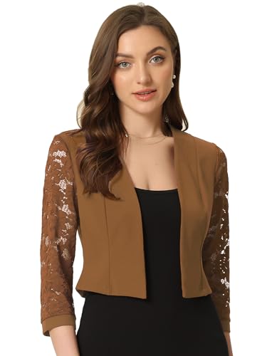 Allegra K Damen Cardigan Spitzen Bolero Vorne Offen Mesh Langärm Arbeit Bauchfrei Shrug Strickjacke Braun S von Allegra K