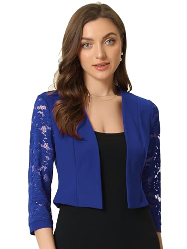Allegra K Damen Cardigan Spitzen Bolero Vorne Offen Mesh Langärm Arbeit Bauchfrei Shrug Strickjacke Kobaltblau S von Allegra K