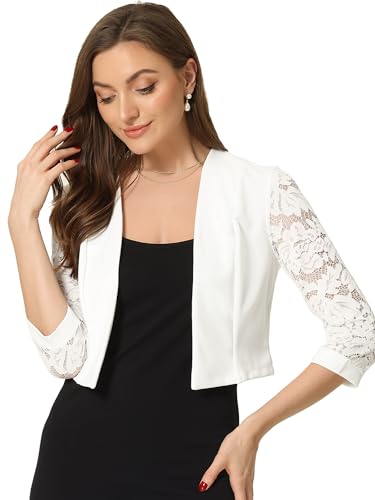 Allegra K Damen Cardigan Spitzen Bolero Vorne Offen Mesh Langärm Arbeit Bauchfrei Shrug Strickjacke Weiß L von Allegra K