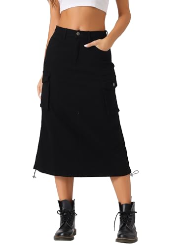 Allegra K Damen Cargo Rock Y2K Verstellbar Lässig A-Linie Midi Jeansrock Schwarz XS von Allegra K
