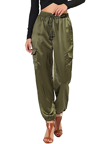 Allegra K Damen Satin Pants Eastisch Seidig Satinhose Kordelzug Cargohose Hose Grün S von Allegra K