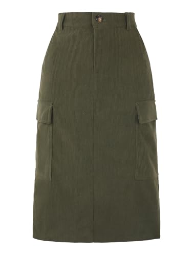 Allegra K Damen Cargoröcke Hoch Taillierte Midiröcke Aus Cord mit Elastischer Rückseite Taschen Armeegrün L von Allegra K