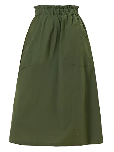 Allegra K Damenrock aus Baumwolle, A-Linie, elastische Taille, lässiger Bauern-Midirock mit Taschen, Grün (Army Green), Klein von Allegra K