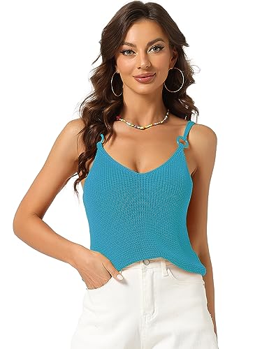 Allegra K Damen Casual Cami Crop Top Strick V-Ausschnitt Ärmellos Spaghettiträger Tanktops Blau L von Allegra K