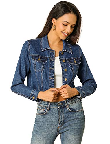 Allegra K Damen Casual Crop Down Basic Jeans Jeans Jacke - blau - X-Klein von Allegra K