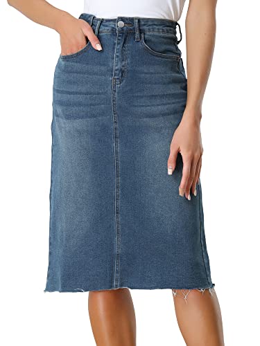 Allegra K Damen Casual Jeans Rock Hohe Taille Rücken Schlitz Stretch A-Linie Denim Röcke, Blau, Mittel von Allegra K