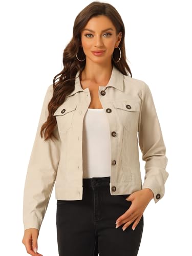 Allegra K Damen Casual Leinenjacken Leichte Jacke mit Knopfleiste und Umlegekragen Beige L von Allegra K