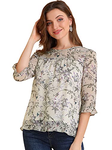 Allegra K Damen Casual Rüschen 3/4 Ärmel Blumendruck Chiffon Bluse - - Groß von Allegra K