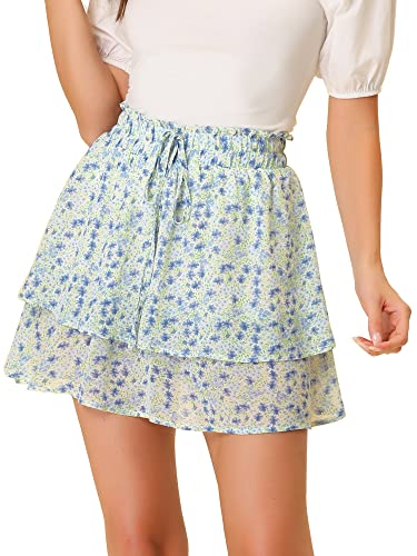 Allegra K Damen Chiffon Blumen Stufenrock mit Binden Hohe Taille Geschichtet Minirock Blau L von Allegra K