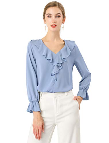 Allegra K Damen Chiffon Bluse Langarm V-Ausschnitt Rüschen Volant Oberteil Elegantes Shirt Blau Grau S von Allegra K