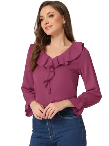 Allegra K Damen Chiffon Bluse Langarm V-Ausschnitt Rüschen Volant Oberteil Elegantes Shirt Fuchsia S von Allegra K