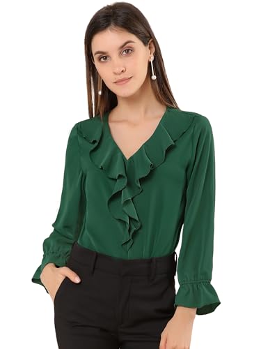 Allegra K Damen Chiffon Bluse Langarm V-Ausschnitt Rüschen Volant Oberteil Elegantes Shirt Grün L von Allegra K