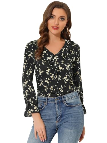 Allegra K Damen Chiffon Bluse Langarm V-Ausschnitt Rüschen Volant Oberteil Elegantes Shirt Schwarz Blumen S von Allegra K